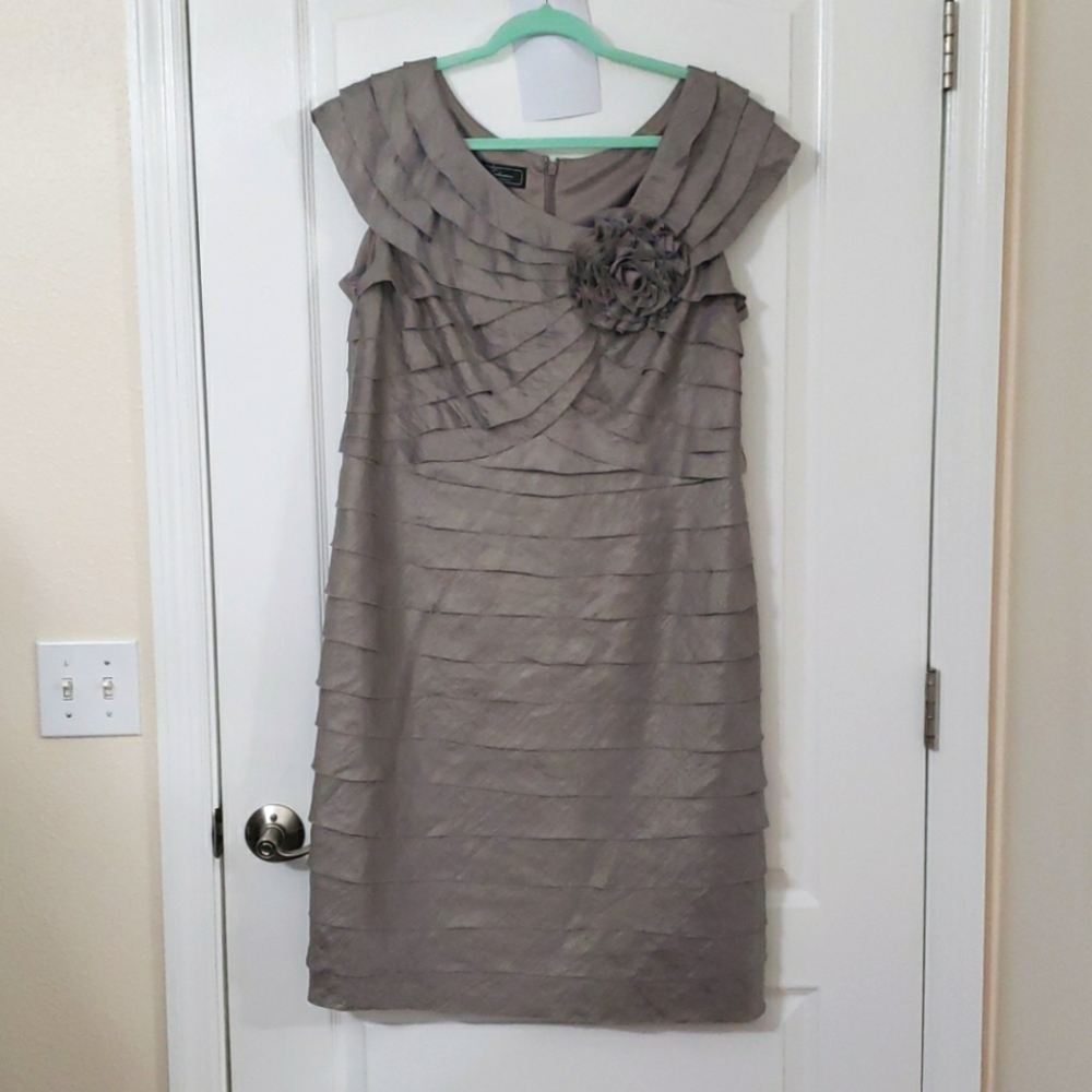 Taupe Layered Shift Dress with Floral Accent